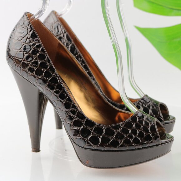 Via Spiga Women Pump Size 8.5  Brown Croc Cone Heel Platform Peep Toe Dress Shoe - Picture 11 of 12